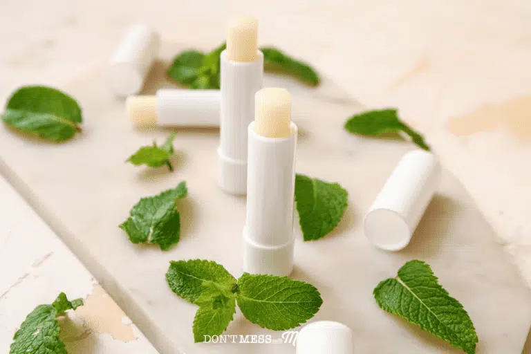 chocolate peppermint lip balm on a table with mint leaves spread out