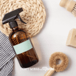 amber glass bottle on jute place mat with natural soap