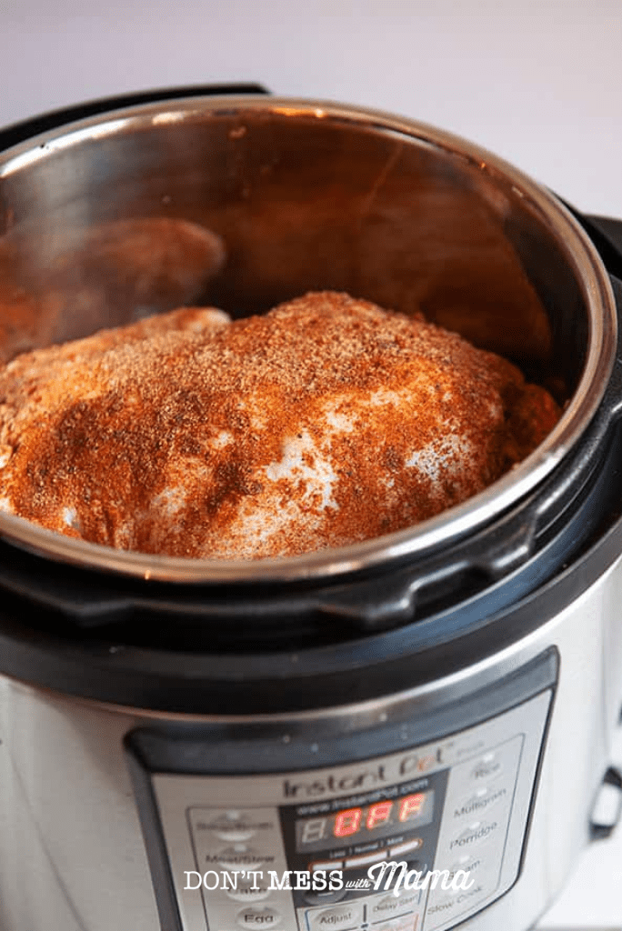 raw chicken covered in spices in instant pot