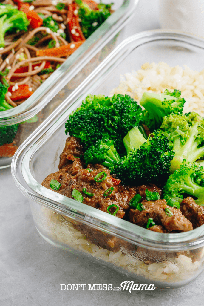 meal prep containers with beef stew rice broccoli