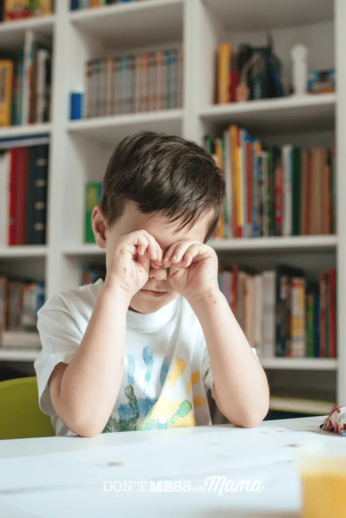 child rubbing eyes with book shelves in background