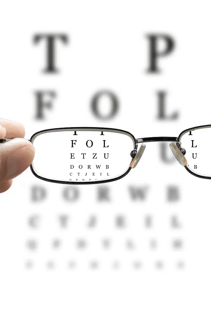 hand holding glasses with eye chart behind