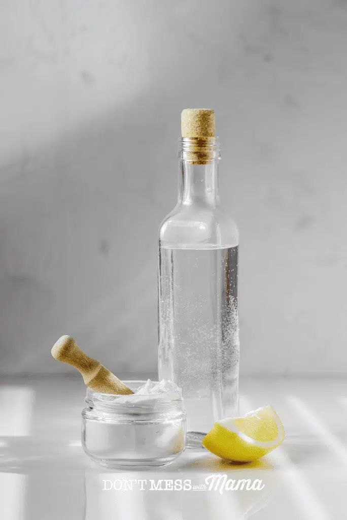 white vinegar, baking soda and lemon wedge on counter