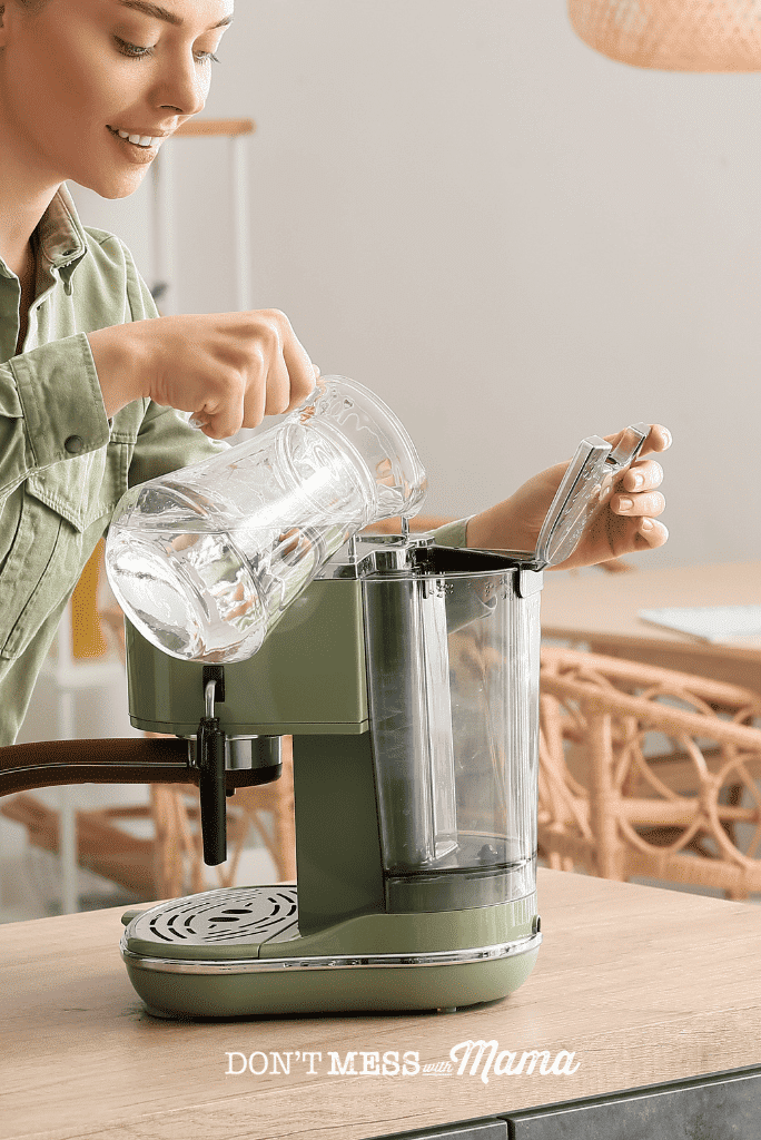 woman adding water from glass jug to tank in green coffee machine