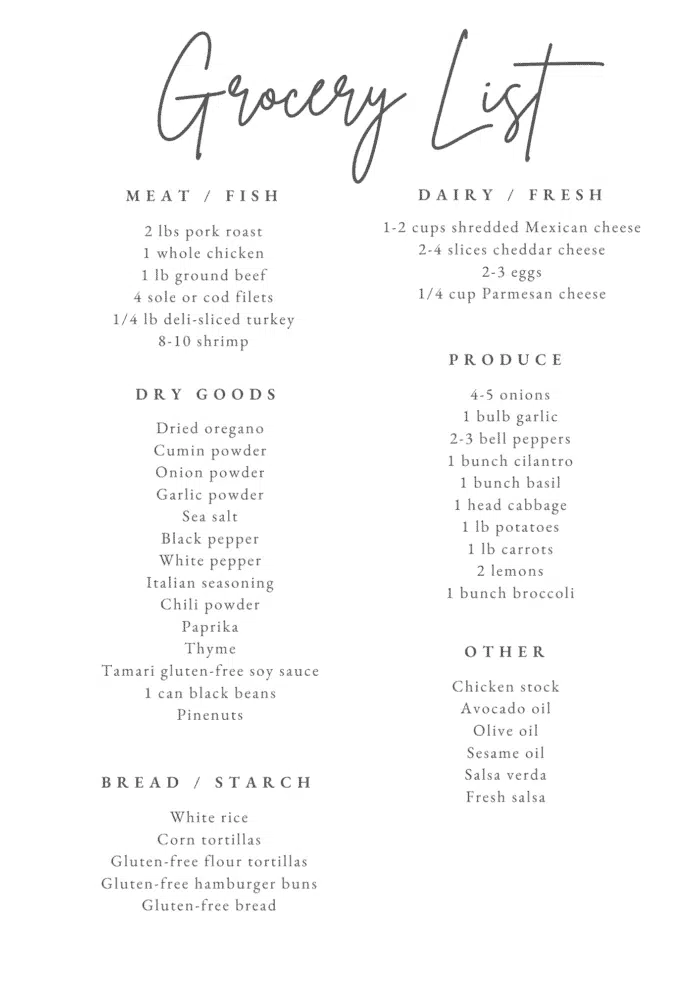 grocery list for meal plan for two
